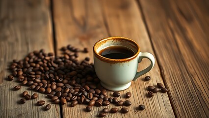 Rustic coffee still life with ceramic cup and scattered beans on weathered wood, evoking cozy mornings.