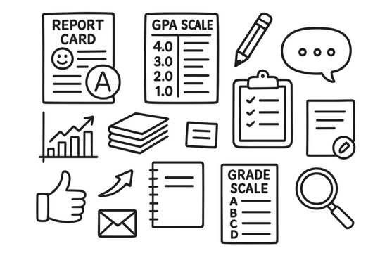 Student Report Icons. Hand-drawn doodle illustration student report card report card, GPA scale, red circle, pencil, graph, comment bubble, paper stack,
