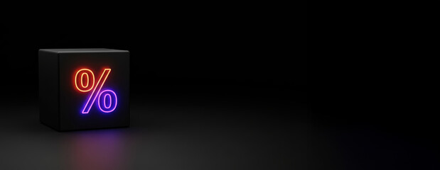On a reflective surface, dark cube presents glowing neon percentage sign with orange illumination above and purple below in expansive space. Black friday concept.Copy space.banner