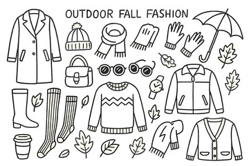 Obraz premium Fall Fashion Doodles. Hand-drawn doodle illustration [Outdoor fall fashion] [coat, scarf, boots, hat, gloves, bag, umbrella, leaves, sweater, jacket, tights,