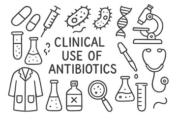 Antibiotic Science Doodles. Hand-drawn doodle illustration Clinical use of antibiotics Pill, capsule, syringe, bacteria, DNA strand, microscope, test tube,
