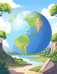 Naklejka premium Cartoon Earth globe, lush landscape