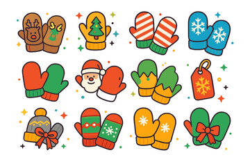 Holiday Mittens Icons. Colorful isometric vector icons set of Holiday-Themed Mittens: reindeer mittens, Christmas tree mittens, candy cane stripe mittens,