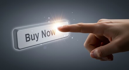 A finger presses the glowing 'Buy Now' button, signaling start of transaction against smooth, dark background, creating sense digital commerce. Black friday concept.