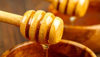 Honey dripping from wooden dipper