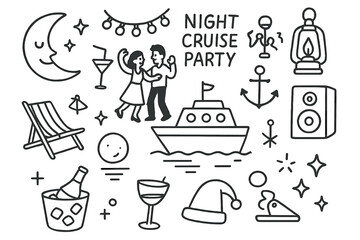 Night Cruise Party. Hand-drawn doodle illustration Travel Essentials backpack, map, passport, ticket, water bottle, shoes, camera, charger, headphones, hat,
