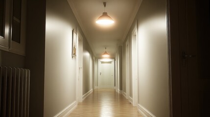 Illuminated hallway with warm light, creating a sense of depth and leading to a bright end.