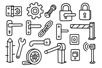 Obraz premium Factory Gate Doodle. Hand-drawn doodle illustration [Factory gate mechanisms] [hinge, gear, bolt, lock, padlock, handle, latch, chain, support beam, fence
