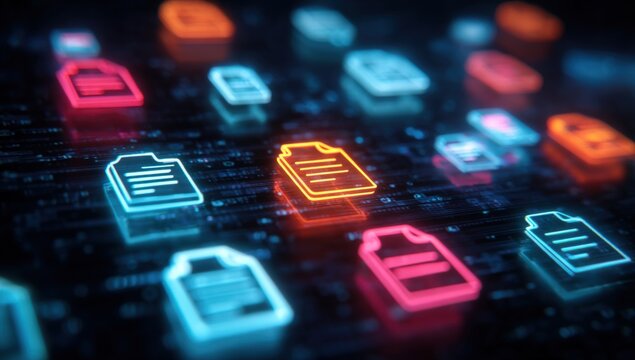 Digital Document Management: Abstract Glowing File Icons for Data Storage and Information Systems