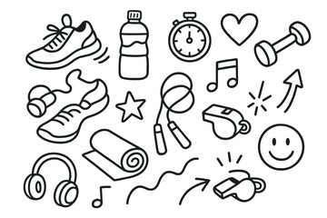 Fitness Doodle Icons. Hand-drawn doodle illustration Dance and fitness sneakers, water bottle, stopwatch, heart, dumbbell, yoga mat, headphones, music note,