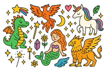 Mythical Creatures Icons. Mythical creatures. Colorful Hand-drawn doodle Children illustration dragon, unicorn, griffin, phoenix, mermaid, star, heart,