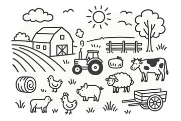 Rustic Farm Doodle. Hand-drawn doodle illustration rustic fields barn, plowed rows, tractor, fence, tree, hay bale, cow, sheep, pig, chicken, cloud, sun, bird,