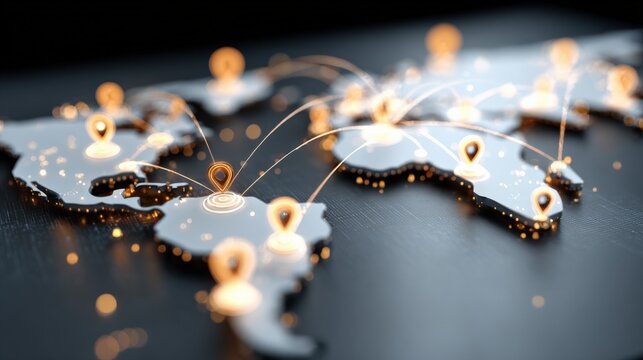 Global Network Connection: World Map with Location Pins, Representing International Communication and Connectivity