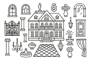Bourgeois Mansion Outline. Hand-drawn doodle illustration bourgeois architecture grand mansion, wrought iron gate, arched window, column, balcony, chandelier,