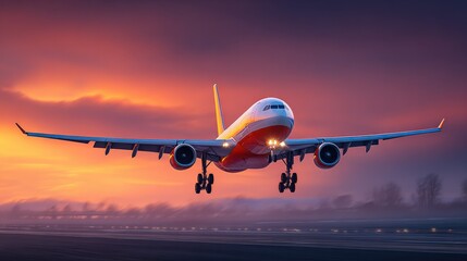 Fototapeta premium Commercial Airplane Ascending into a Vibrant Sunset Sky, Preparing for Flight, Highlighting Travel and Aviation