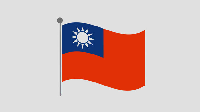Taiwan National Flag Waving on Pole with Blue Sky Celestial Symbol and Crimson Field
