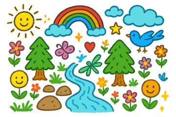 Obraz premium Colorful Forest Doodle. Colorful Hand-drawn doodle Children illustration Forest Springs water stream, rocks, trees, flowers, butterfly, sun, rainbow, cloud,