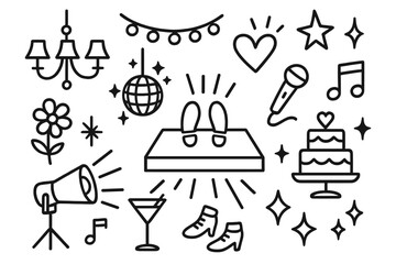 Wedding Dance Doodles. Hand-drawn doodle illustration Wedding dance floor lights [chandelier, string lights, heart, star, sparkle, flower, disco ball, stage,