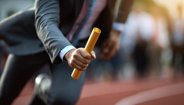 Businessman in Suit Running on Track with Baton, Symbolizing Leadership and Competitive Strategy