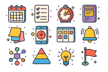 Colorful Productivity Icons. Productivity Tools. Colorful isometric vector icons set of productivity tools: calendar planner, task checklist, focus timer,