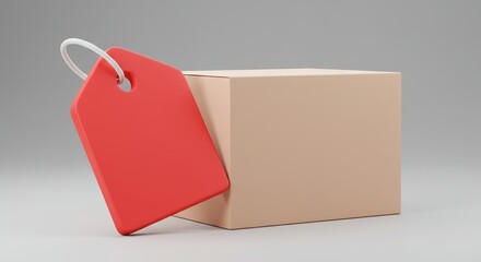 A red tag with white string is attached to the side of plain cardboard box, all sitting on light gray surface against matching background. Black friday concept.