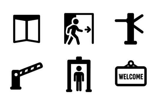 Threshold Icon Set. Solid, filled icon set of entry and exit thresholds: revolving door, emergency exit, sliding gate, turnstile, barrier arm, security