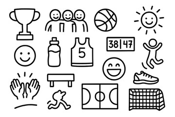 Friendly Sports Icons. Hand-drawn doodle illustration Friendly outdoor sports competition trophy, group icon, basketball, scoreboard, smiley face, water