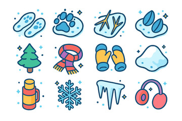 Obraz premium Isometric Snowy Prints Icons. Colorful isometric vector icons set of Snowy Animal Prints: snowshoe hare prints, wolf paw in snow, bird claw marks, deer tracks