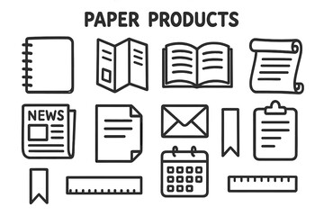 Paper Objects Outline. Paper Products. Hand-drawn doodle illustration catalog, notebook, brochure, open book, scroll, newspaper, paper sheet, envelope,