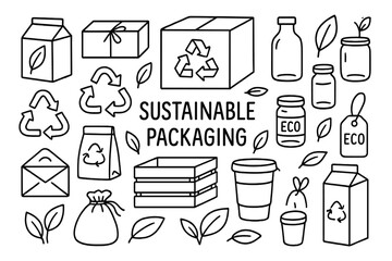 Eco Packaging Doodles. Sustainable packaging. Hand-drawn doodle illustration sustainable packaging boxes, recycling arrows, leaves, bottles, jars, paper bags,
