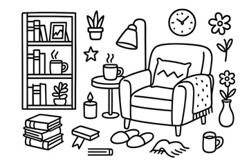 Cozy Reading Nook Doodle. Hand-drawn doodle illustration Cozy reading nook bookshelf [armchair, stacked books, pillow, lamp, mug, blanket, candle, vase, plant,