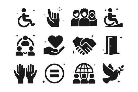 Diverse Inclusion Icons. Inclusion. Solid icons set of wheelchair symbol, sign language hand, diverse people, accessible ramp, inclusive circle, support heart,
