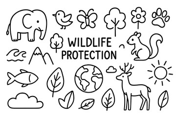 Obraz premium Wildlife Conservation Doodles. Hand-drawn doodle illustration Wildlife protection elephant, bird, fish, butterfly, tree, paw print, flower, mountain, globe,