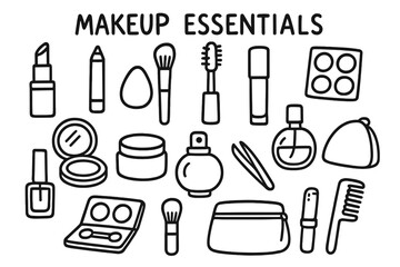 Makeup Essentials Doodle. Hand-drawn doodle illustration Makeup Essentials [lipstick, eyeliner pencil, mascara brush, blush palette, compact mirror, sponge,