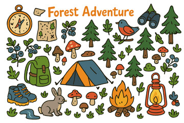 Forest Adventure Doodle. Forest Adventure. Colorful Hand-drawn doodle Children illustration Forest Adventure map, compass, tent, backpack, lantern, mushrooms,