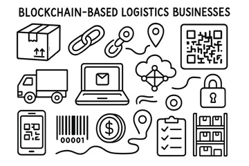 Blockchain Logistics Doodles. Hand-drawn doodle illustration [Blockchain-based logistics businesses] [delivery box, chain links, padlock, route pin, truck,