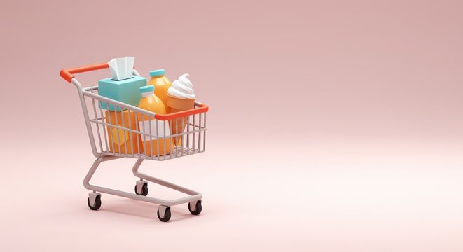 Against a pink background, shopping cart is filled with everyday items, like orange juice, an ice cream cone, and box of tissues. Black friday concept.Copy space. - Powered by Adobe