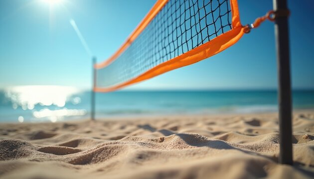 Beach volleyball net, post set on sandy shore with ocean, clear blue sky backdrop. Bright sunny day perfect for summer sport, recreation, beach games. Captures of coastal fun, outdoor activity. - Powered by Adobe