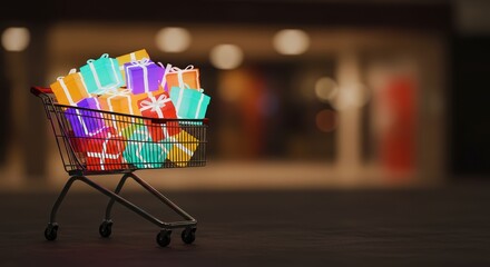 A shopping cart brimming with vibrant, colorful gift boxes tied white ribbons stands ready for holiday celebrations near blurred storefront at night. Black friday concept.Copy space.