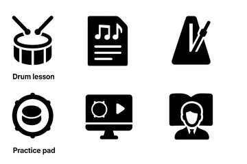 Bass Drum Essentials Icons. Solid, filled icon set of bass drum education: drum lesson, sheet music, metronome, practice pad, video tutorial, instructor, music