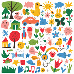 Fototapeta premium A World of Whimsy Illustration Kit: A Versatile Collection of Hand-Drawn Doodles Including Animals, Houses, and Everyday Objects.