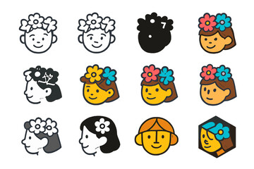 Fototapeta premium Colorful Flower Crown Logo. Set Logo of Kids Making Tissue Paper Flowers: Child?s smiling face with flower crown. Logo set in vector style,