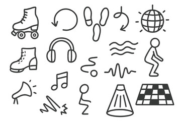 Jam Skating Icons. Hand-drawn doodle illustration Jam Skating toe stop, twist arrow, dance steps, spin icon, disco ball, headphones, boot detail, glide path,