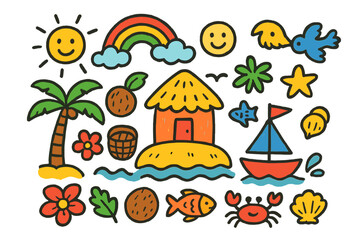 Island Doodle Fun. Colorful Hand-drawn doodle Children illustration island village hut, boat, palm tree, coconut, basket, flower, fish, sun, rainbow, waves,