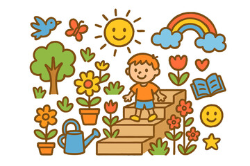 Fototapeta premium Whimsical Garden Doodles. Colorful Hand-drawn doodle Children illustration Garden Stairs [stairs, plants, flowers, watering can, person, tree, butterfly, sun,
