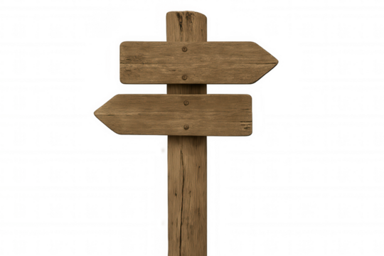 Blank wooden signpost with two rustic directional arrows, offering choices and decision-making on transparent background