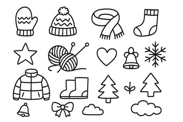 Winter Knitted Doodles. Hand-drawn doodle illustration Warm knitted gear mitten, knit hat, scarf, sock, wool yarn ball, knitting needles, star,