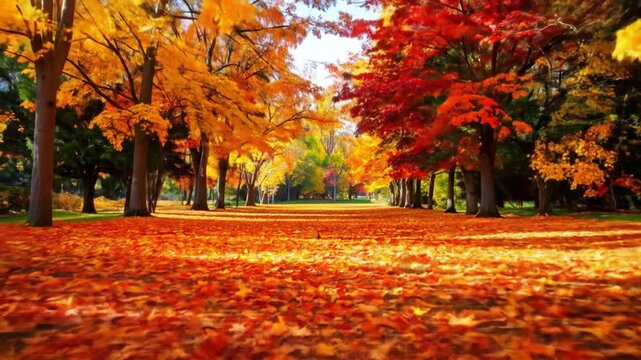 Scenic Autumn Landscape With Trees Displaying Vibrant Yellow And Red Leaves Forming A Picturesque Canopy Over Ground Covered In Fallen Foliage In Bright Daylight