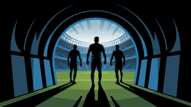Soccer Players Emerging From Stadium Tunnel Ready to Play Match Silhouette