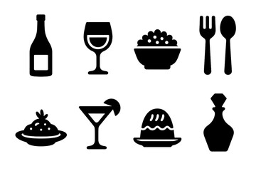 Luxury Dining Icons. Solid, filled icon set of luxury dining and drinks: champagne bottle, wine glass, caviar, gold cutlery, gourmet dish, cocktail glass,